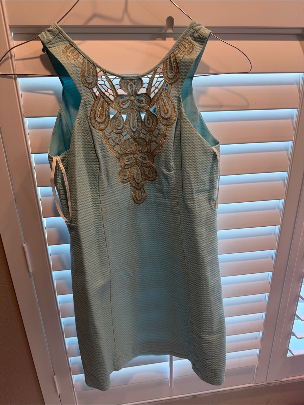Lilly Pulitzer Light Aqua Dress with Gold Embroidered Yoke
